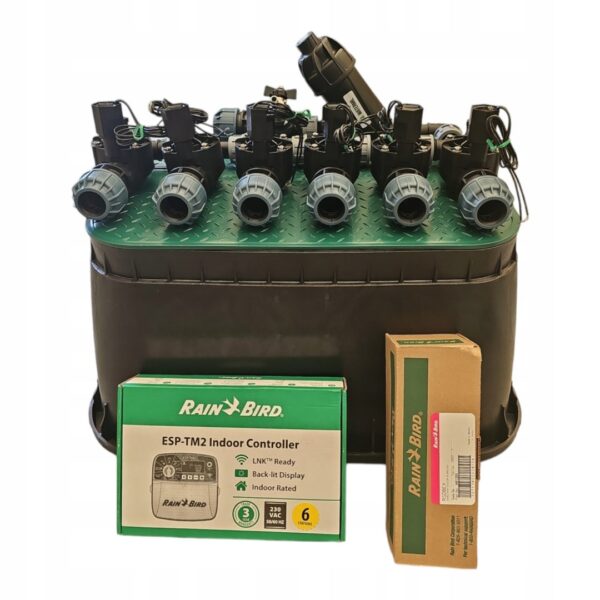 Zestaw Rain Bird HV 6 sekcji: kolektor z filtrem i kompresorem, sterownik TM2, czujnik RSDBex i studzienka PE 25