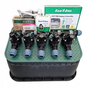 Zestaw Rain Bird 5 sekcji HV z korkiem Sterownik TM2 Czujnik RSDBEX Moduł WiFi PE 25