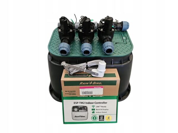 Zestaw Rain Bird 3 sekcje HV z korkiem Sterownik TM2 Czujnik RSDBEX PE 25