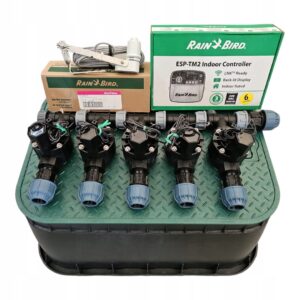 Zestaw Rain Bird 5 sekcji HV z korkiem Sterownik TM2 Czujnik RSDBEX PE 25