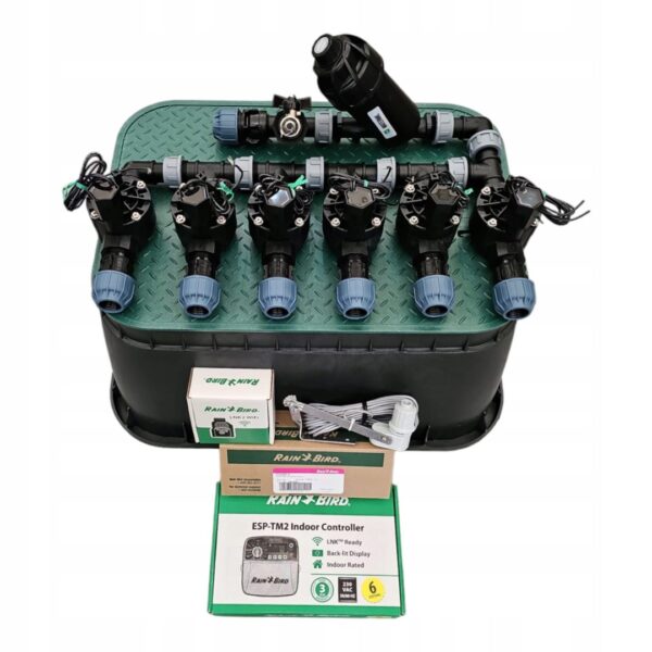 Zestaw Rain Bird HV 6 sekcji Filtr Sterownik TM2 Czujnik Moduł WiFi PE 25