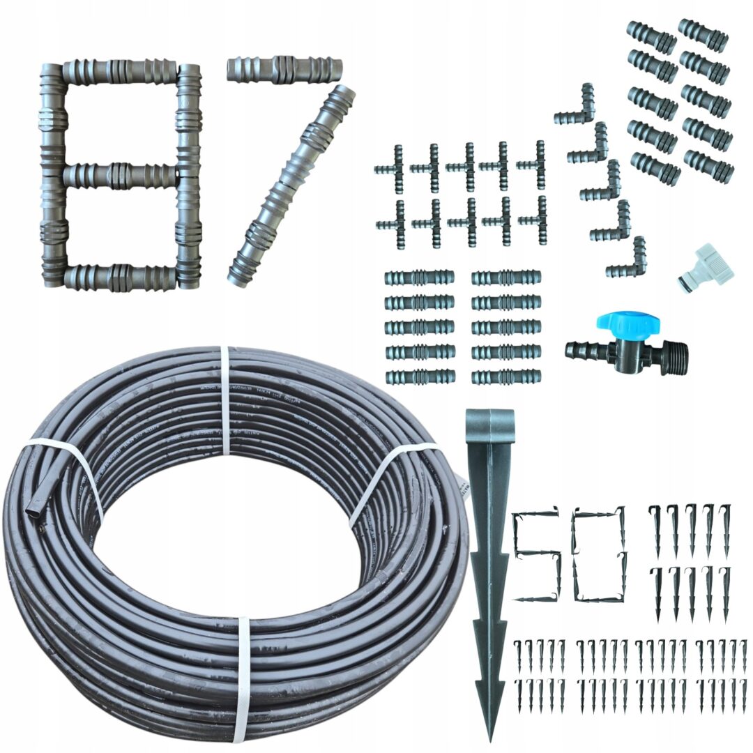 ZESTAW NAWADNIANIA KROPELKOWEGO Linia kroplująca 100m CZARNA szpilki, 87 el