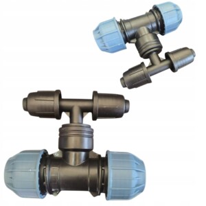 Połączenie skręcane na 2 odejścia linii kroplującej z rurą PE 25 na trójnik