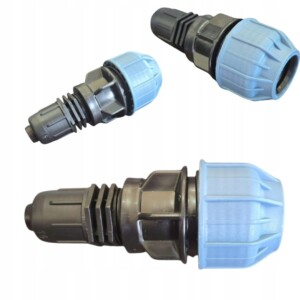 Połączenie proste skręcane linii kroplującej lub rury PE 16 z rurą PE 32