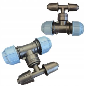 Połączenie skręcane na 2 odejścia linii kroplującej z rurą PE 32 na trójnik