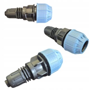 Połączenie proste skręcane linii kroplującej lub rury PE 16 z rurą PE 25