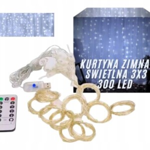 KURTYNA ŚWIETLNA LED 3x3m ZIMNA BIEL USB 300 LED girlanda na okno PILOT