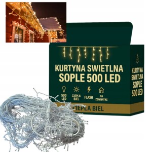 Lampki SOPLE 500 LED BIAŁE CIEPŁE kurtyna świetlna GIRLAND efekt FLASH