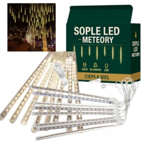 Sople SPADAJĄCY ŚNIEG 50cm METEORY kurtyna świetlna BIAŁE CIEPŁE zewnętrzne